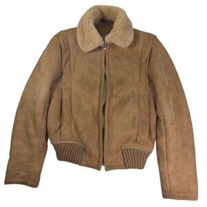 Vtg 70s Sawyer of Napa Suede Leather Sherpa Lined Bomber Jacket Tan Aviator Sz 6